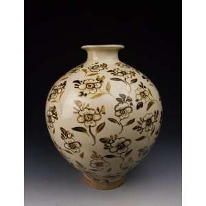 Cizhou Ware Porcelain Vase With Black Flower Pattern, Chinese Antique 