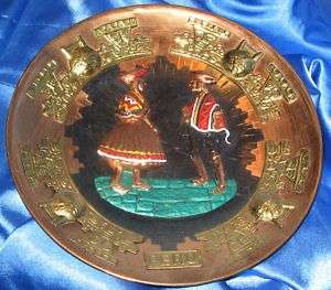 Enamel Painted Metal Folk Art Plate Copper & Brass PERU  