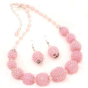 PINK BALL BEADED NECKLACE EARRINGS FASHION JEWELRY 38/6  