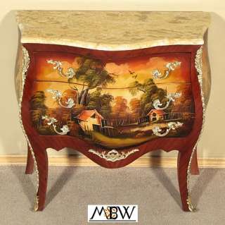 Hand Painted French Bombe Chest Commode w/ Marble Top  