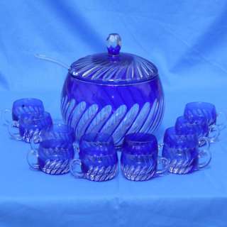 Vintage Cobalt Blue Cut to Clear Glass Punch Bowl Set  