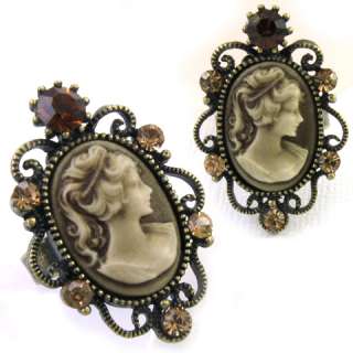 ANTIQUE STYLE BROWN CAMEO RHINESTONES RINGS JEWELRY R22  