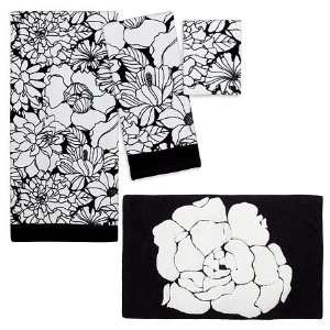    4pc Black & White Floral Towel & Bath Rug Set