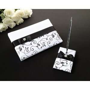  Black and White Floral Scroll Guest Book and Pen Set 