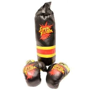 New Kids Toy Black Super Fighter Boxing Bag & Pair Gloves Punching Set 