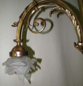  elegant antique bronze chandelier with three beautiful glass shades 