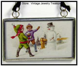   Postcard 3 Glass 2 Sided Christmas Tree Ornament Children Snowman