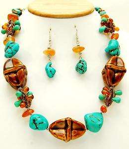 BROWN CERAMIC BEAD TURQUOISE STONE CHUNKY NECKLACE SET  