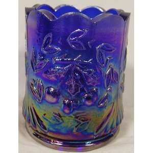 American Made Blue Carnival Glass Wreath & Cherry Toothpick Holder