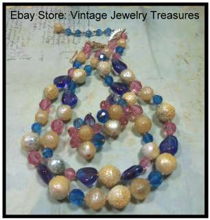 Vintage W Germany Pastel Glass & Sugar Bead Gold Bib Necklace Clip 