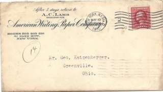 American Writing Paper Company Cover Envelope NY 1910  