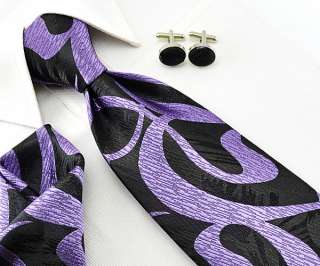   Jacquard Woven silk Mens Tie Novelty Necktie set Cufflinks Purple 04