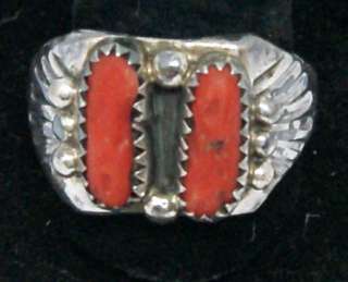   Mens Southwestern Sterling Silver Red Coral Hand Crafted Ring Size 11