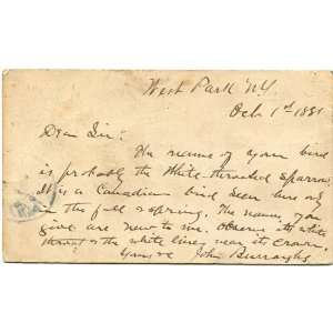 John Burroughs Letter Identifying Bird, 1881