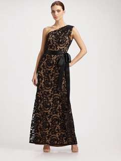 Tadashi Shoji   One Shoulder Embroidered Lace Gown    