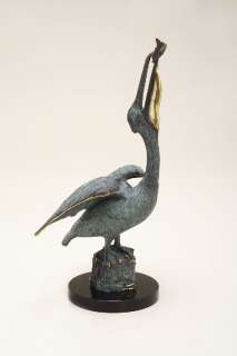 Pelican Eating Fish Statue on Marble Base Verdi Green  