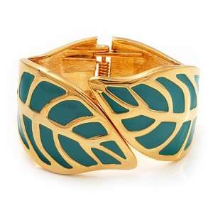  Turquoise Enamel Leaf Hinged Bangle In Gold Plated Metal 