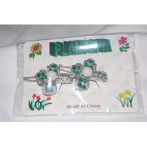  2 Flower with Emerald Green Rhinestones and Faux Pearl on 