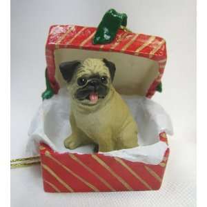  Pug Fawn Figurine   Holiday Red and Gold Gift Box Ornament 