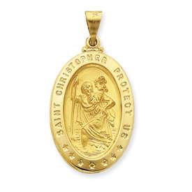 14K Gold XXLarge St Saint Christopher Medal Hollow ovl  