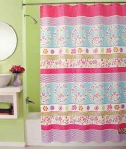 NEW PERI Love Peace Sign Daisy Fabric Shower Curtain Pink White  