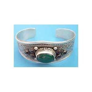   Tibet Silver Wristlet *Green Jades w/ Garnet Bijou* 