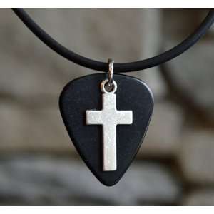 com Guitar Pick Necklace with Solid Cross Charm on Black Fender Pick 