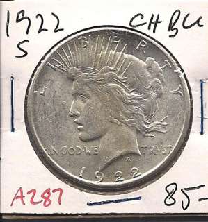 1922 S Peace Liberty Silver Dollar Choice Brilliant Uncirculated A287 
