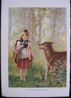   Chromolitho Colorful Print c.1890 Little Red Riding Hood & Wolf Wood