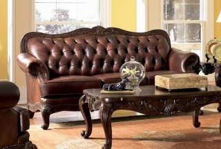 Elizabeth Traditional Leather Sofa with Wood Trim  