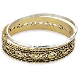 Lucky Brand So Cal Silver & Gold Tone Openwork Lace Bangle Bracelet
