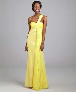 LM Collection yellow chiffon pleated drape one shoulder long dress