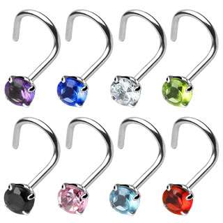3mm Round CZ Surgical Steel Nose Ring/Screw 18GA  