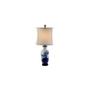   Porcelain Blue & White Floral Vase Lamp With White Silk Shade. A38 58L