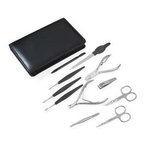 Large 11 piece Stainless Steel Manicure Set in a Black Leather Case 