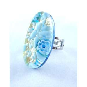    Light Blue Gold Oval Venetian Murano Glass Adjustable Ring Jewelry
