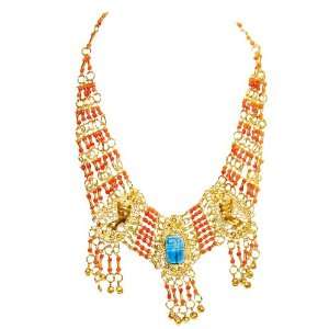  Handmade Orange Beaded Brass Necklace , Nefertiti Emblems 
