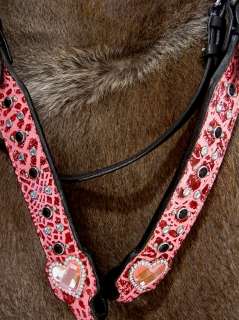 BRIDLE WESTERN LEATHER HEADSTALL PINK GATOR TACK HEART CONCHOS BLING 