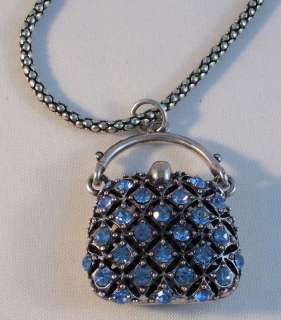 ANTIQUED SILVER PEWTER PURSE NECKLACE/CRYSTALS & CHAIN  