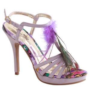   PEACOCK PATTERN FEATHER UPPER T STRAP ANKLE SLINGBACK SANDALS PURPLE
