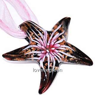 Pink Gold Starfish Lampwork Murano Glass Bead Pendant Ribbon Necklace 
