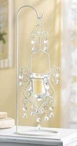 Chic White Iron~Very Ornate Candle Holder~Prisms~Hanging w/Stand 