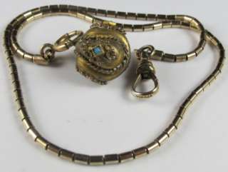   Victorian 12K GF Watch Chain Etruscan Fob Turquoise Glass Stones 11.8g