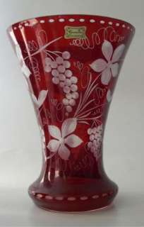 Egermann Ruby Cut to Clear Large Trumpet Vase Grapes  