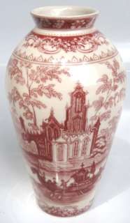 Red Transferware Victorian Castle Toile Vase  