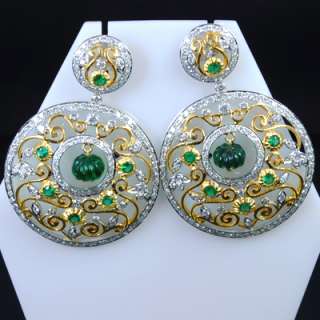   Top Green Emerald Diamond Vintage Ladies Earrings Pair $  